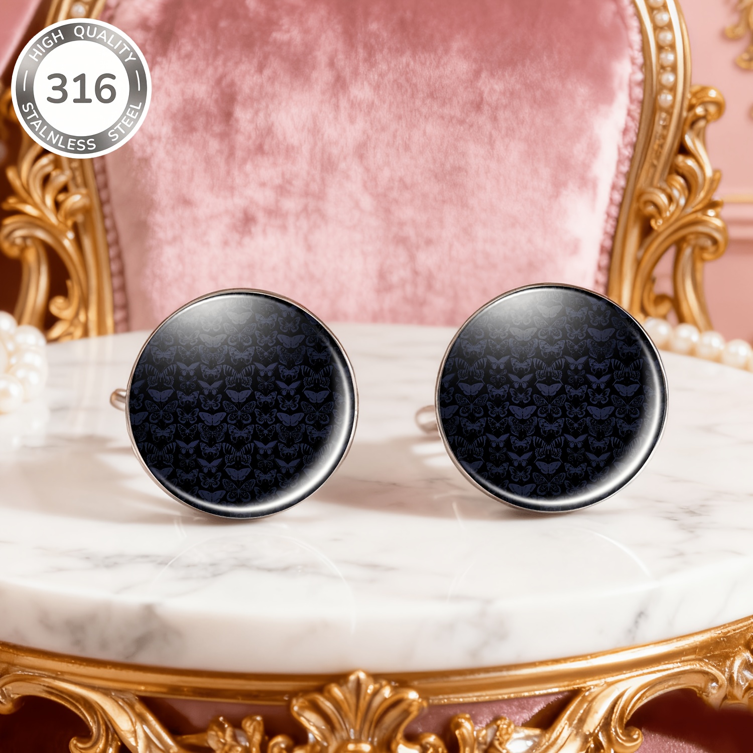2pcs Black Round Pattern Butterfly Stainless Steel No-Punching Earrings